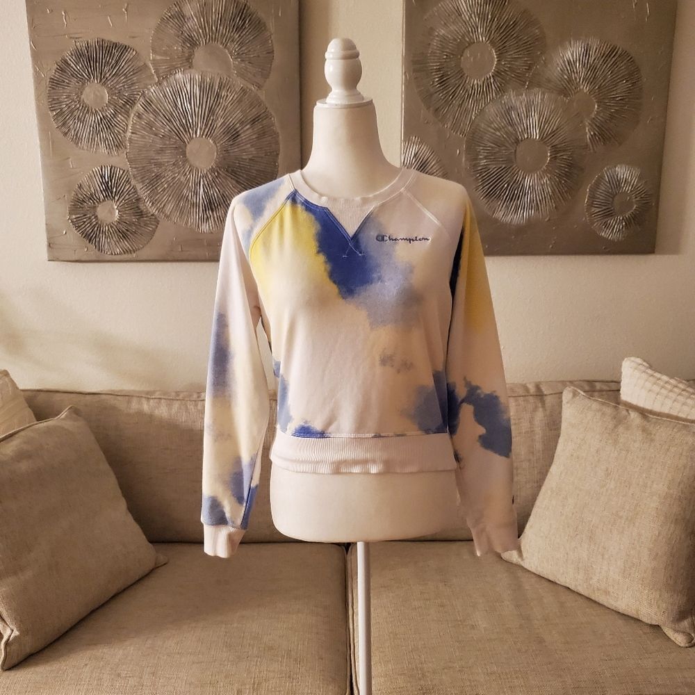 😎 CHAMPION 😎 Tie Dye French Terry Cropped Sweatshirt - [Small, Yellow/Blue] - Picture 3 of 10